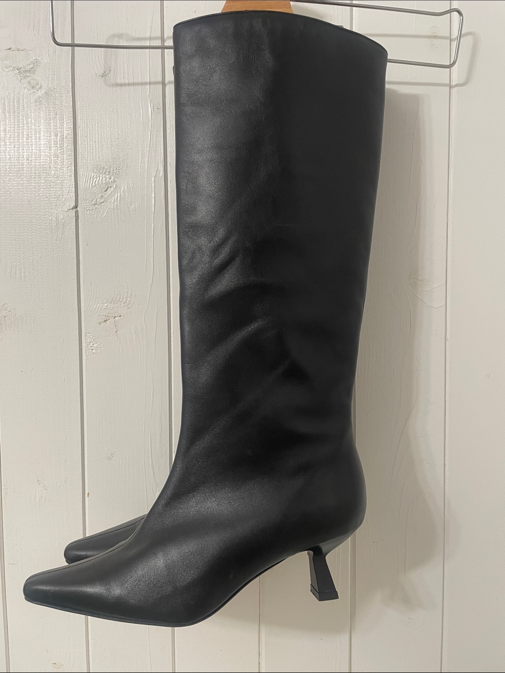 Ana Palma Leather Classic Black Knee-High Pointed Toe kitten Heel Boots - 38